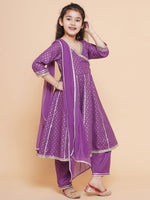 Thumbnail for Girls Purple Ethnic Motifs foil Printed Angrakha Kurta with Trouser & Dupatta for Kids - Bhama - Distacart