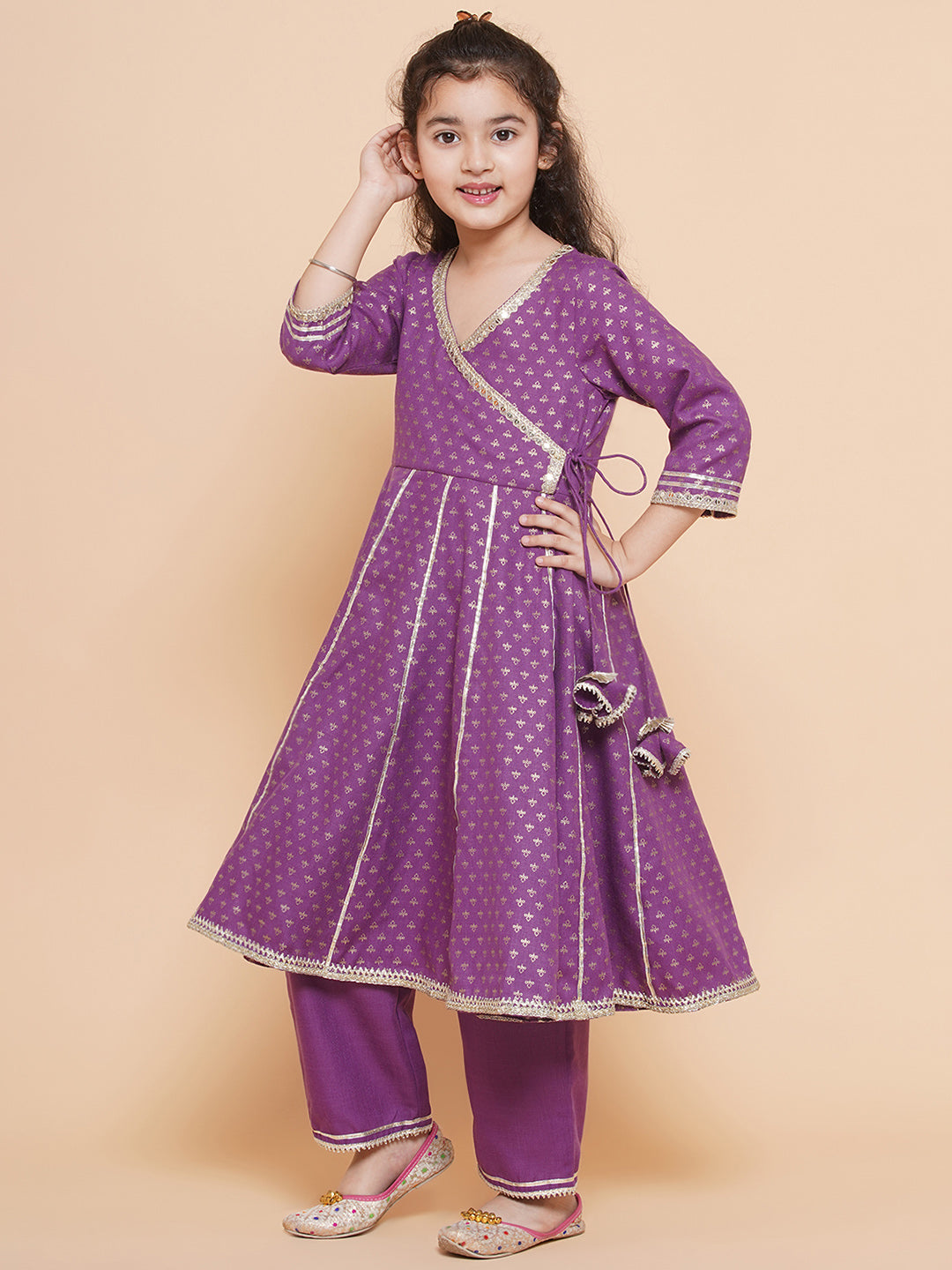 Girls Purple Ethnic Motifs foil Printed Angrakha Kurta with Trouser & Dupatta for Kids - Bhama - Distacart