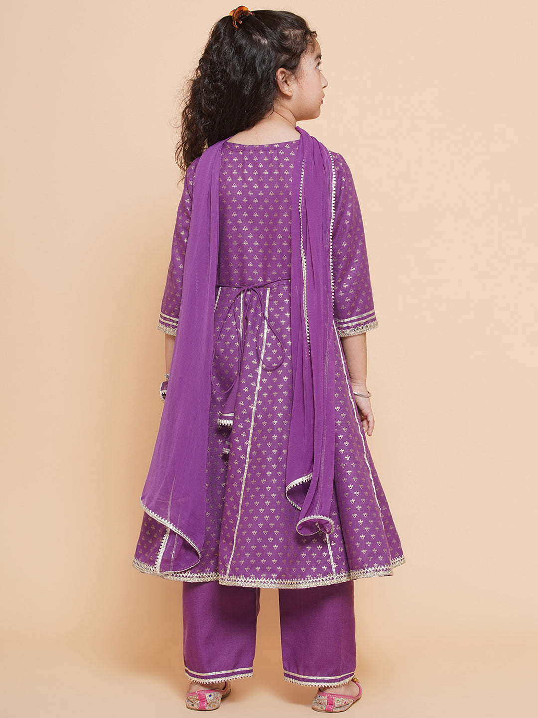 Girls Purple Ethnic Motifs foil Printed Angrakha Kurta with Trouser & Dupatta for Kids - Bhama - Distacart