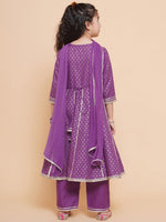 Thumbnail for Girls Purple Ethnic Motifs foil Printed Angrakha Kurta with Trouser & Dupatta for Kids - Bhama - Distacart