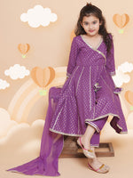 Thumbnail for Girls Purple Ethnic Motifs foil Printed Angrakha Kurta with Trouser & Dupatta for Kids - Bhama - Distacart