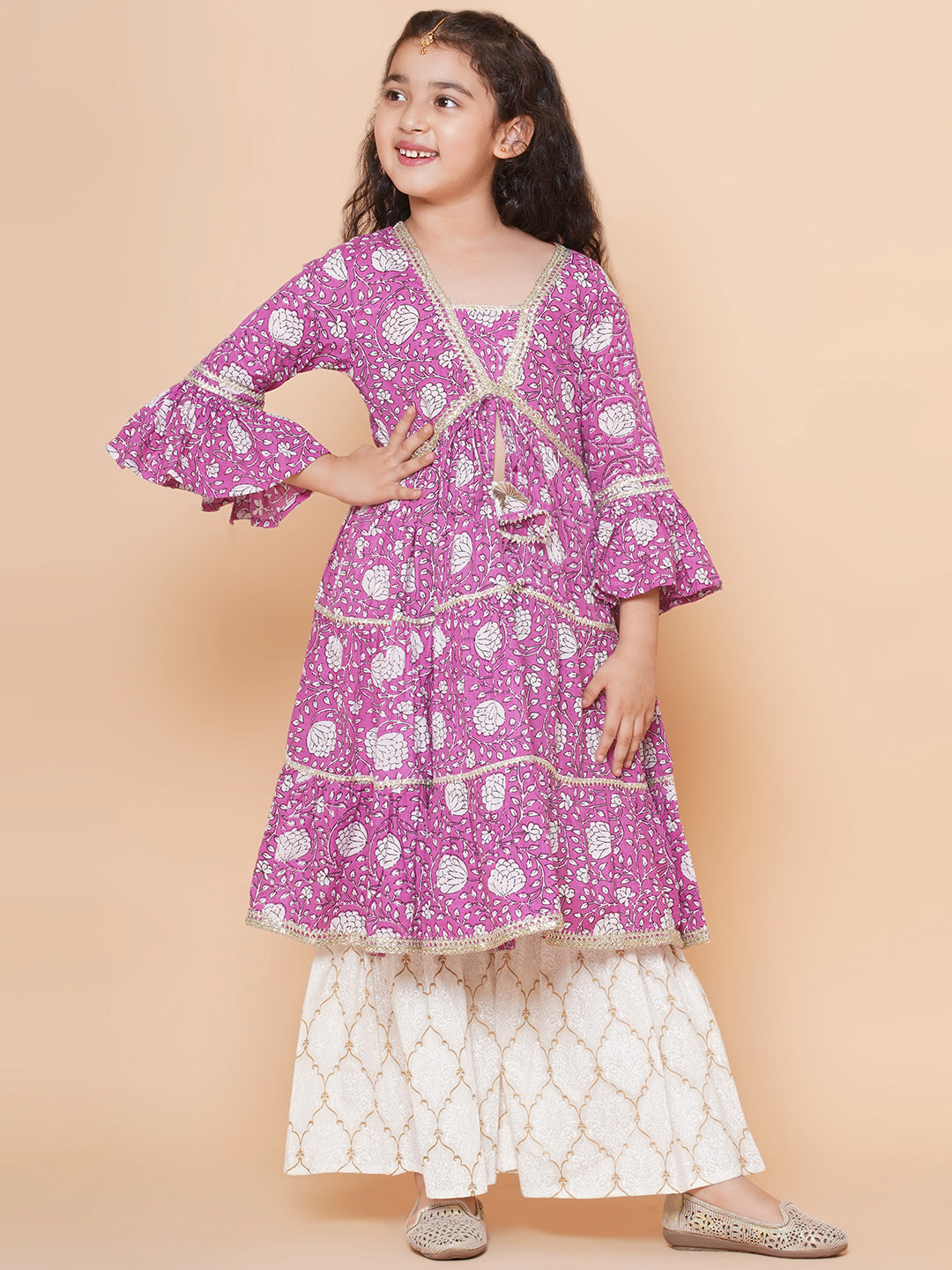Girls Purple Printed Kurta with Sharara - Bhama - Distacart