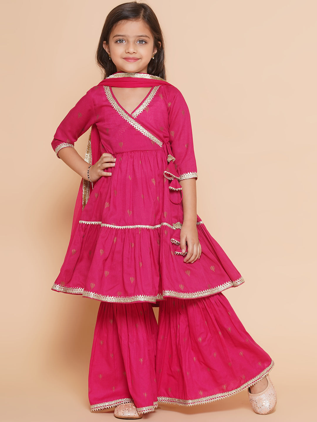 Girls pink Ethnic Motifs Printed Angrakha Gotta Patti Kurta With Sharara & Dupatta for Kids - Bhama - Distacart