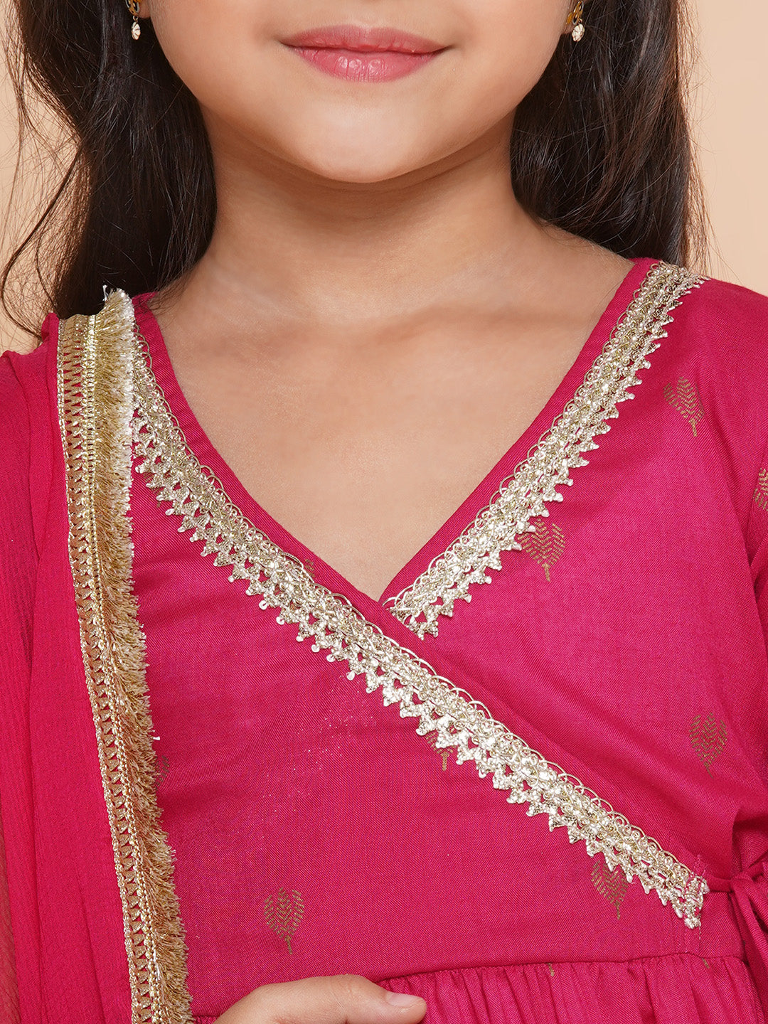 Girls pink Ethnic Motifs Printed Angrakha Gotta Patti Kurta With Sharara & Dupatta for Kids - Bhama - Distacart