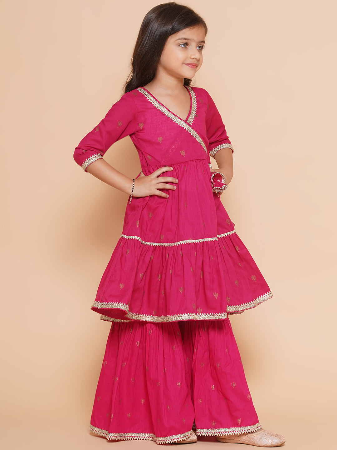 Girls pink Ethnic Motifs Printed Angrakha Gotta Patti Kurta With Sharara & Dupatta for Kids - Bhama - Distacart