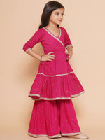 Thumbnail for Girls pink Ethnic Motifs Printed Angrakha Gotta Patti Kurta With Sharara & Dupatta for Kids - Bhama - Distacart