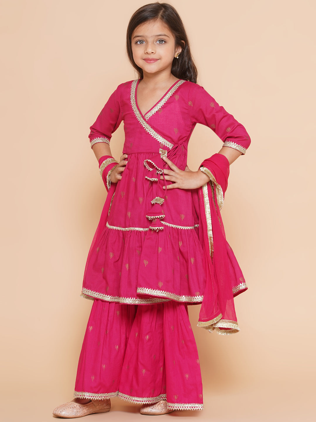 Girls pink Ethnic Motifs Printed Angrakha Gotta Patti Kurta With Sharara & Dupatta for Kids - Bhama - Distacart