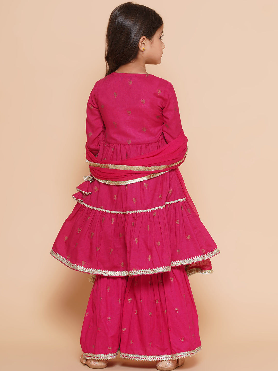 Girls pink Ethnic Motifs Printed Angrakha Gotta Patti Kurta With Sharara & Dupatta for Kids - Bhama - Distacart