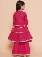 Thumbnail for Girls pink Ethnic Motifs Printed Angrakha Gotta Patti Kurta With Sharara & Dupatta for Kids - Bhama - Distacart