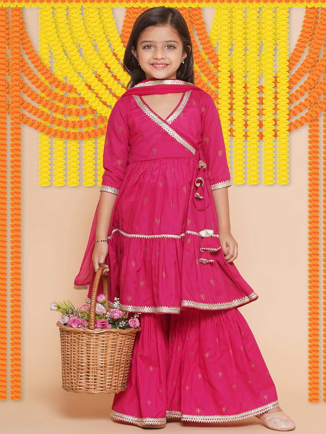 Girls pink Ethnic Motifs Printed Angrakha Gotta Patti Kurta With Sharara & Dupatta for Kids - Bhama - Distacart