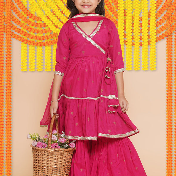 Girls pink Ethnic Motifs Printed Angrakha Gotta Patti Kurta With Sharara & Dupatta for Kids - Bhama - Distacart