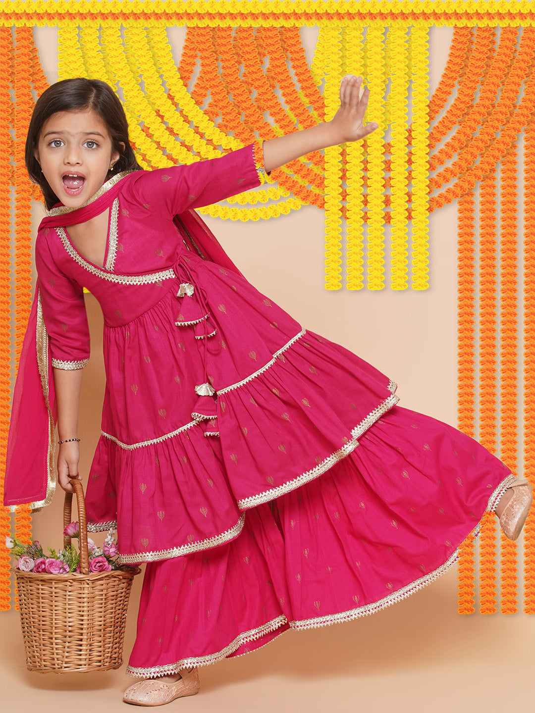 Girls pink Ethnic Motifs Printed Angrakha Gotta Patti Kurta With Sharara & Dupatta for Kids - Bhama - Distacart