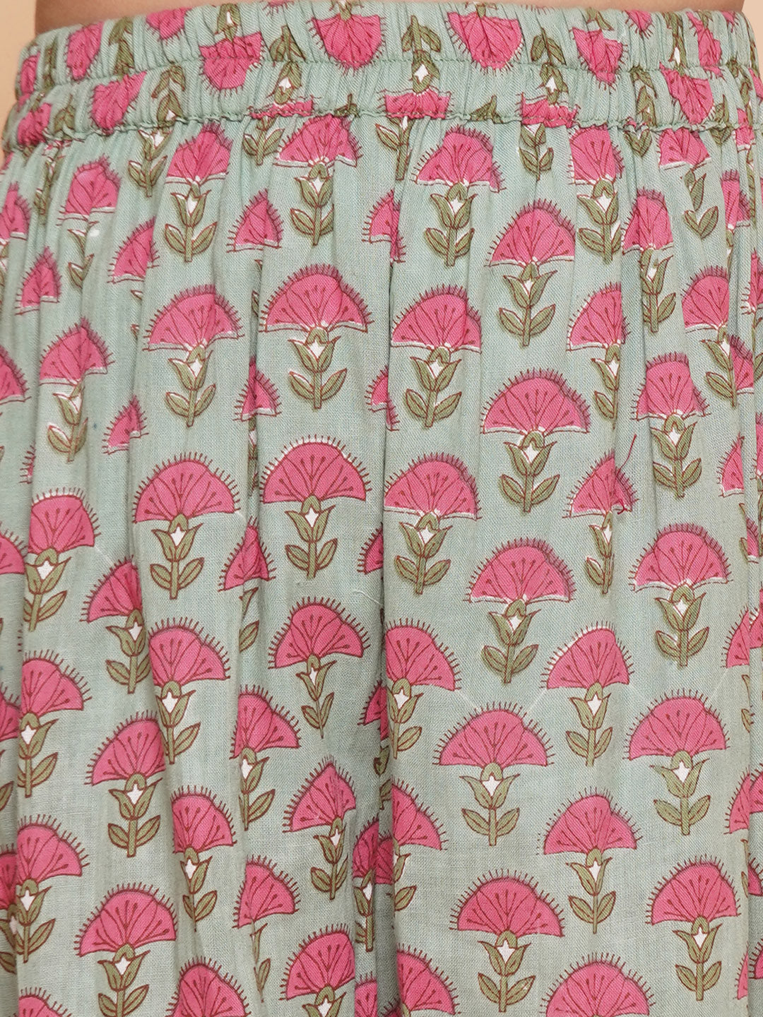 Girls Green Printed Round neck Kurta with Sharara for Kids - Bhama - Distacart
