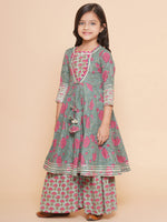 Thumbnail for Girls Green Printed Round neck Kurta with Sharara for Kids - Bhama - Distacart