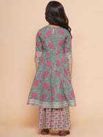 Thumbnail for Girls Green Printed Round neck Kurta with Sharara for Kids - Bhama - Distacart