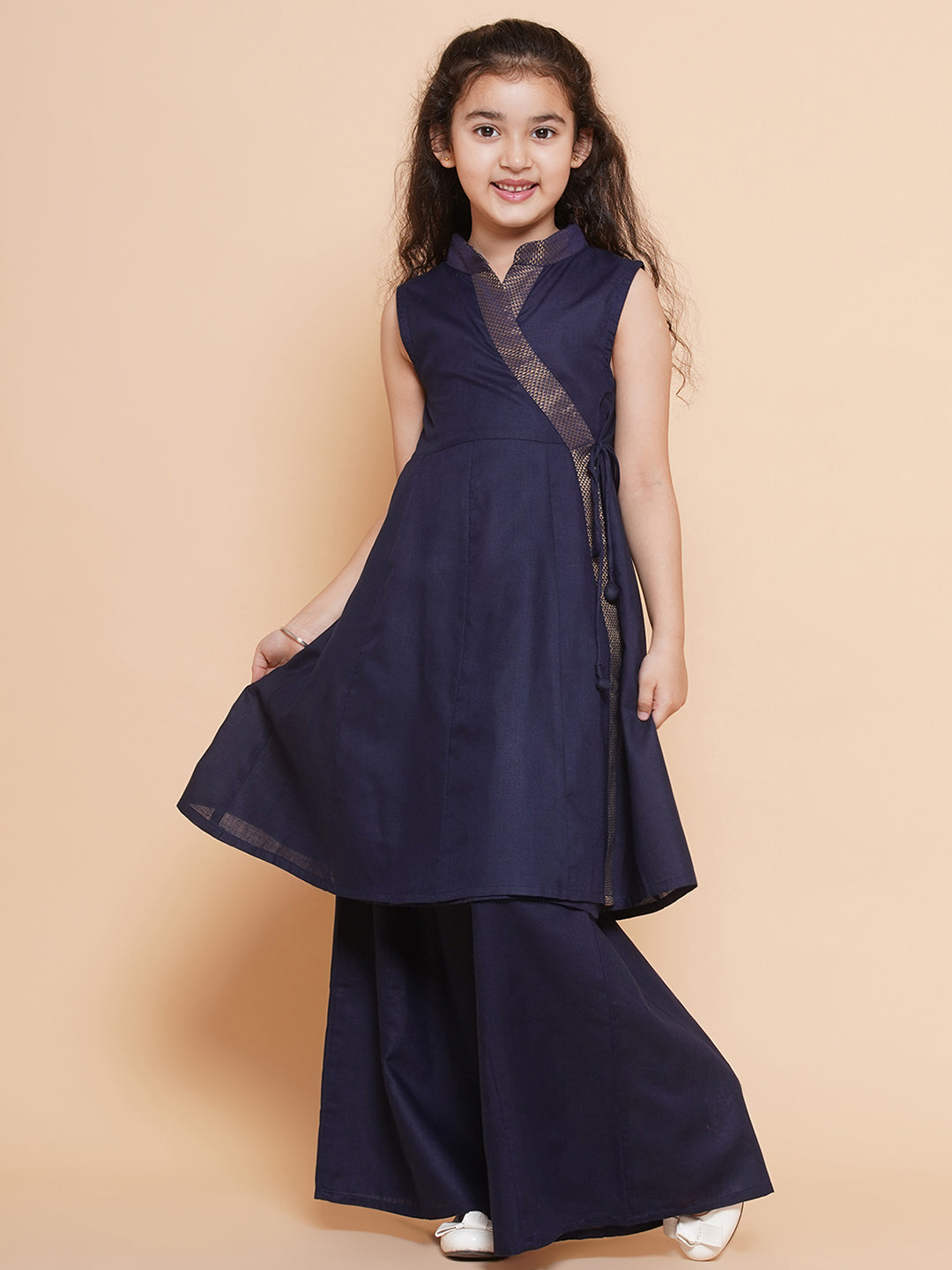 Girls Navy Blue Angrakha Kurta with Palazzos for Kids - Bhama - Distacart