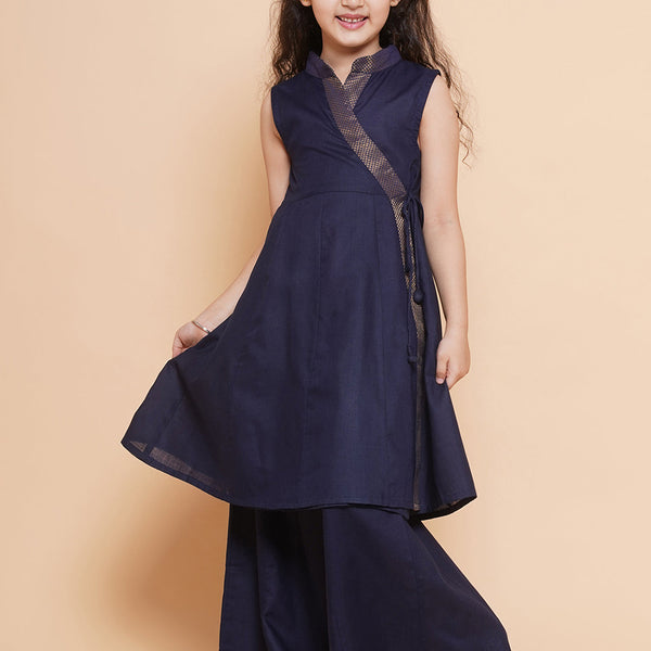 Girls Navy Blue Angrakha Kurta with Palazzos for Kids - Bhama - Distacart