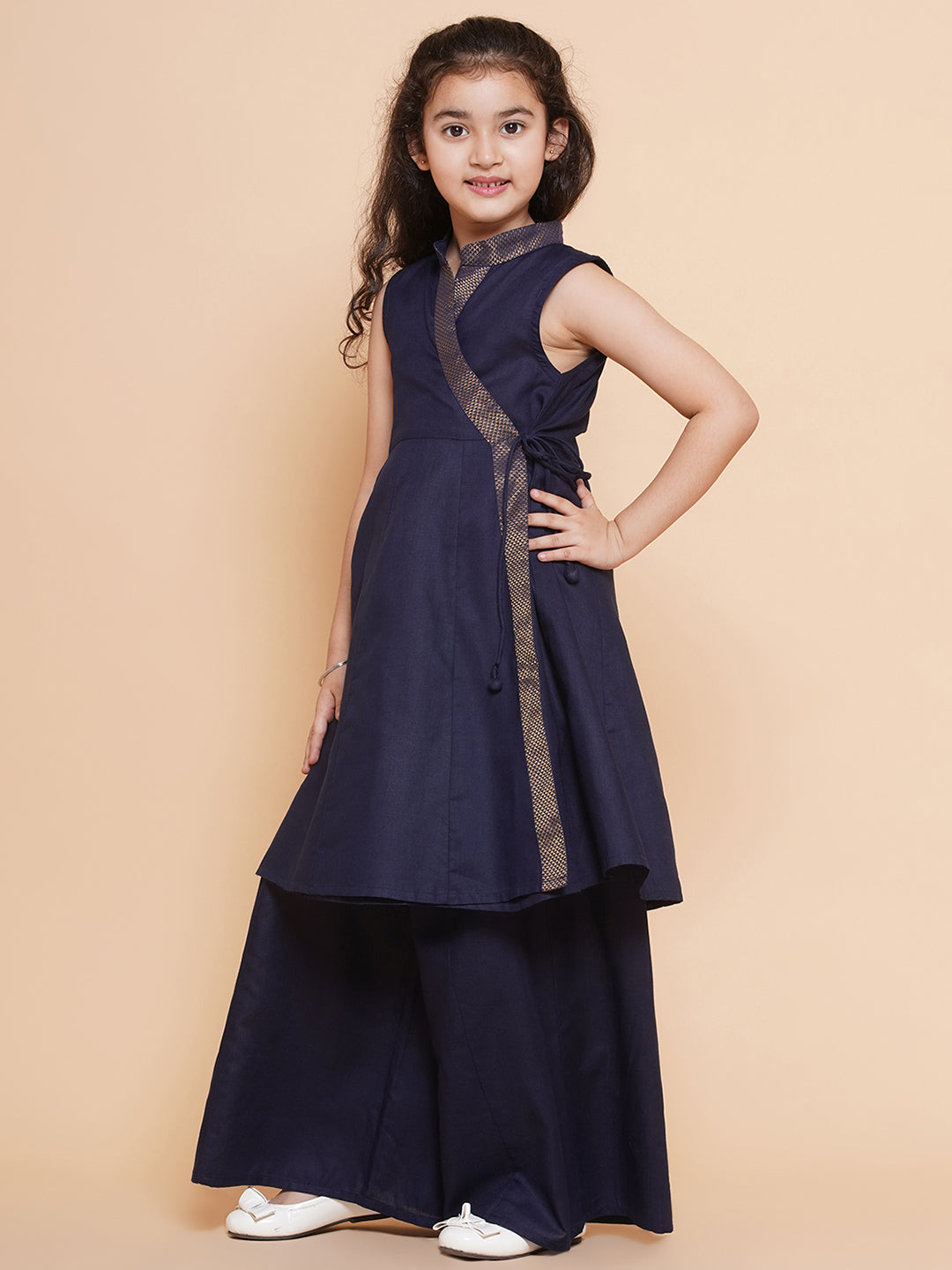 Girls Navy Blue Angrakha Kurta with Palazzos for Kids - Bhama - Distacart