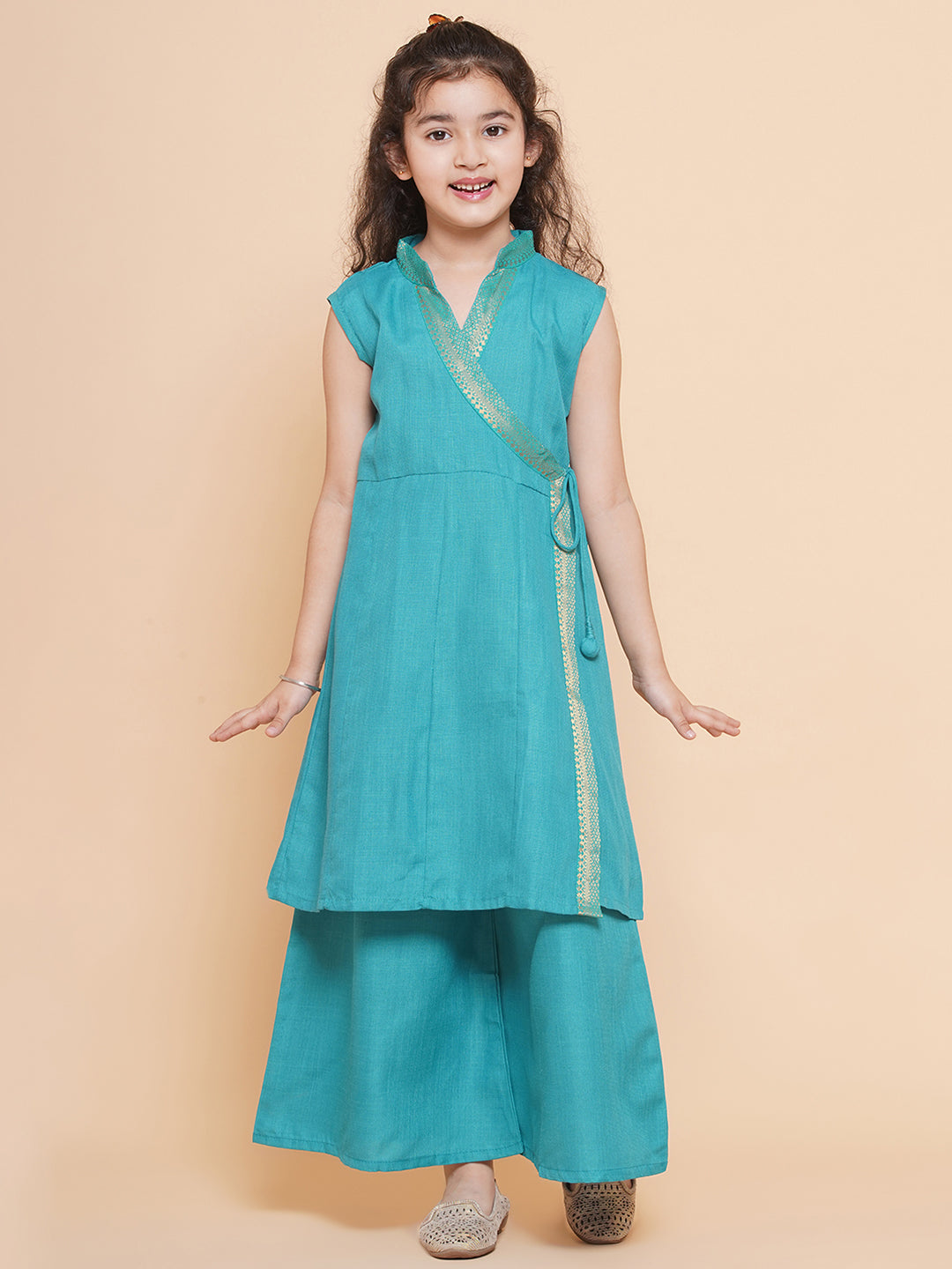 Girls Sea Green Angrakha Kurta With Palazzos for Kids - Bhama - Distacart