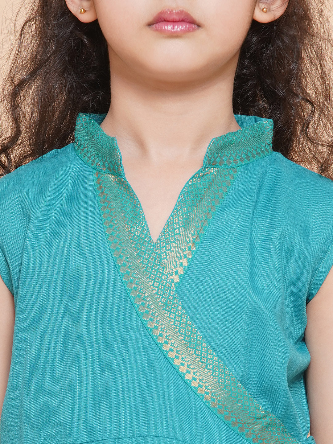 Girls Sea Green Angrakha Kurta With Palazzos for Kids - Bhama - Distacart