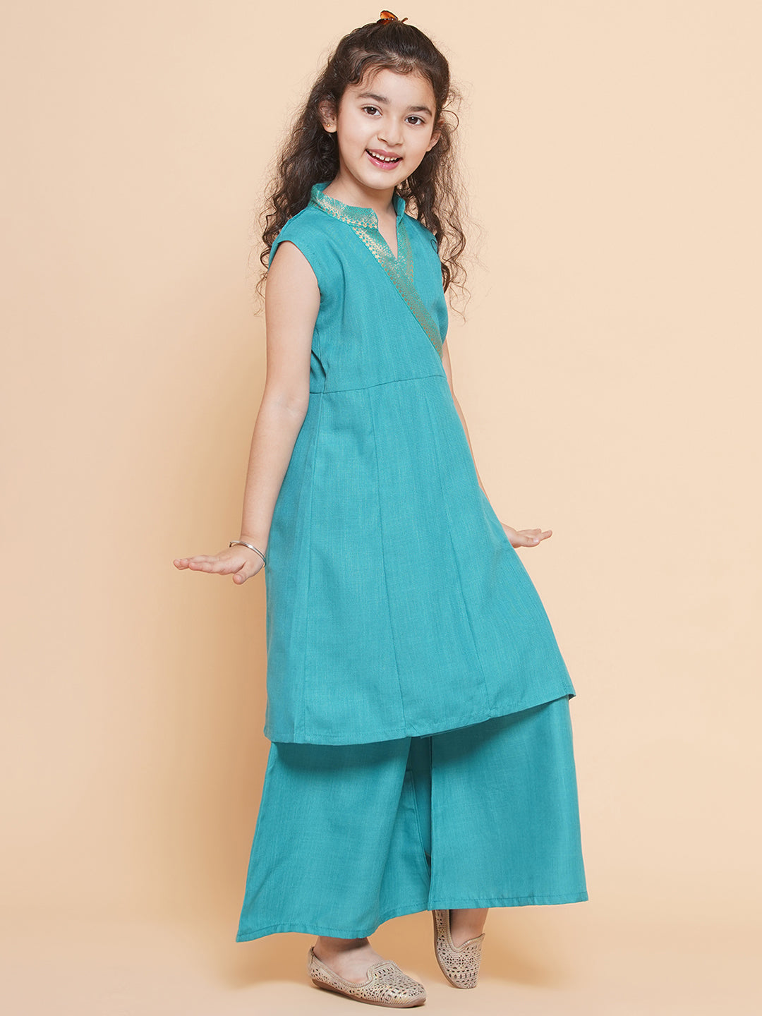 Girls Sea Green Angrakha Kurta With Palazzos for Kids - Bhama - Distacart