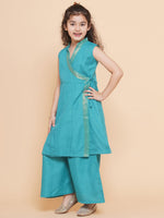 Thumbnail for Girls Sea Green Angrakha Kurta With Palazzos for Kids - Bhama - Distacart