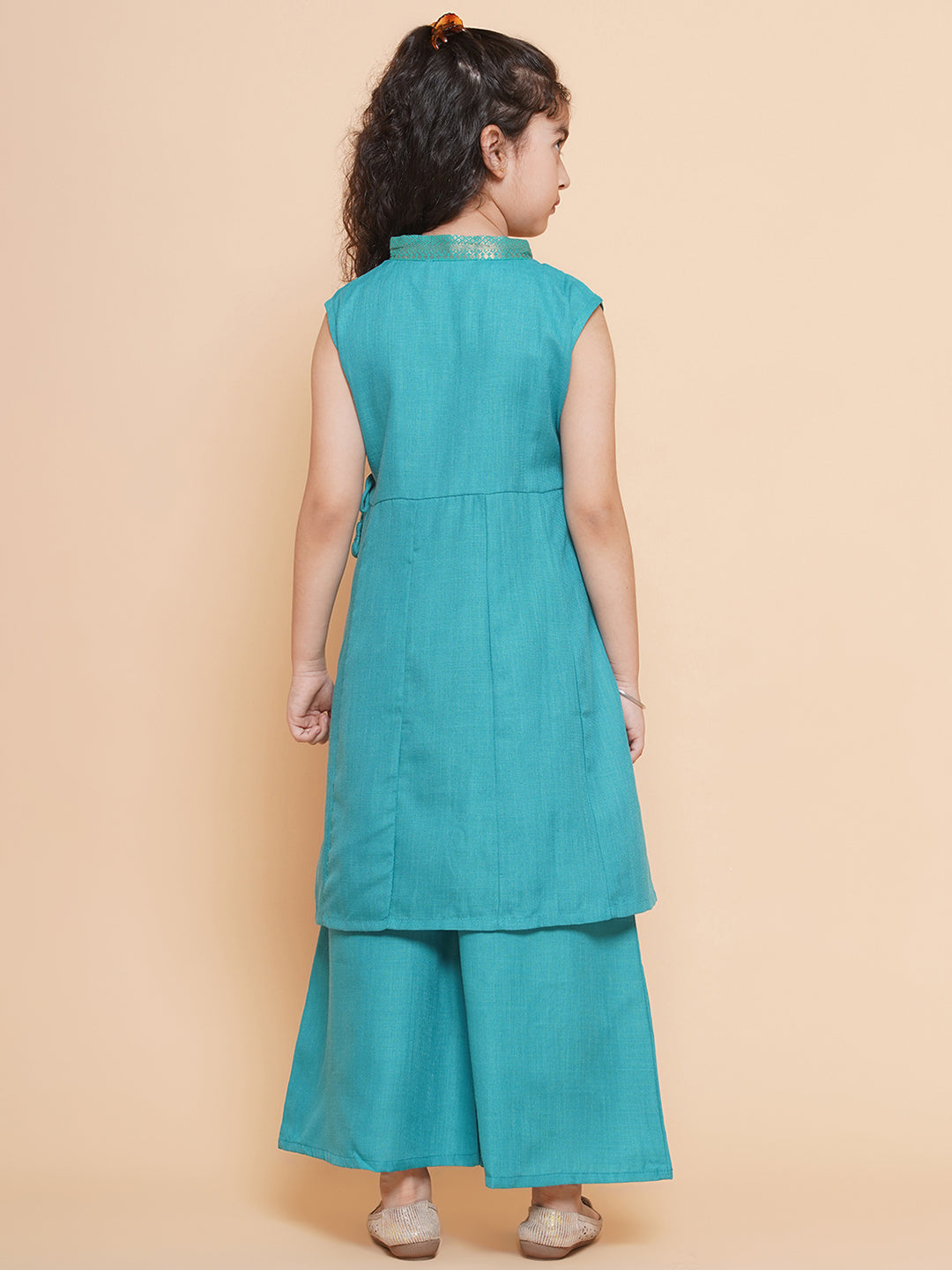 Girls Sea Green Angrakha Kurta With Palazzos for Kids - Bhama - Distacart