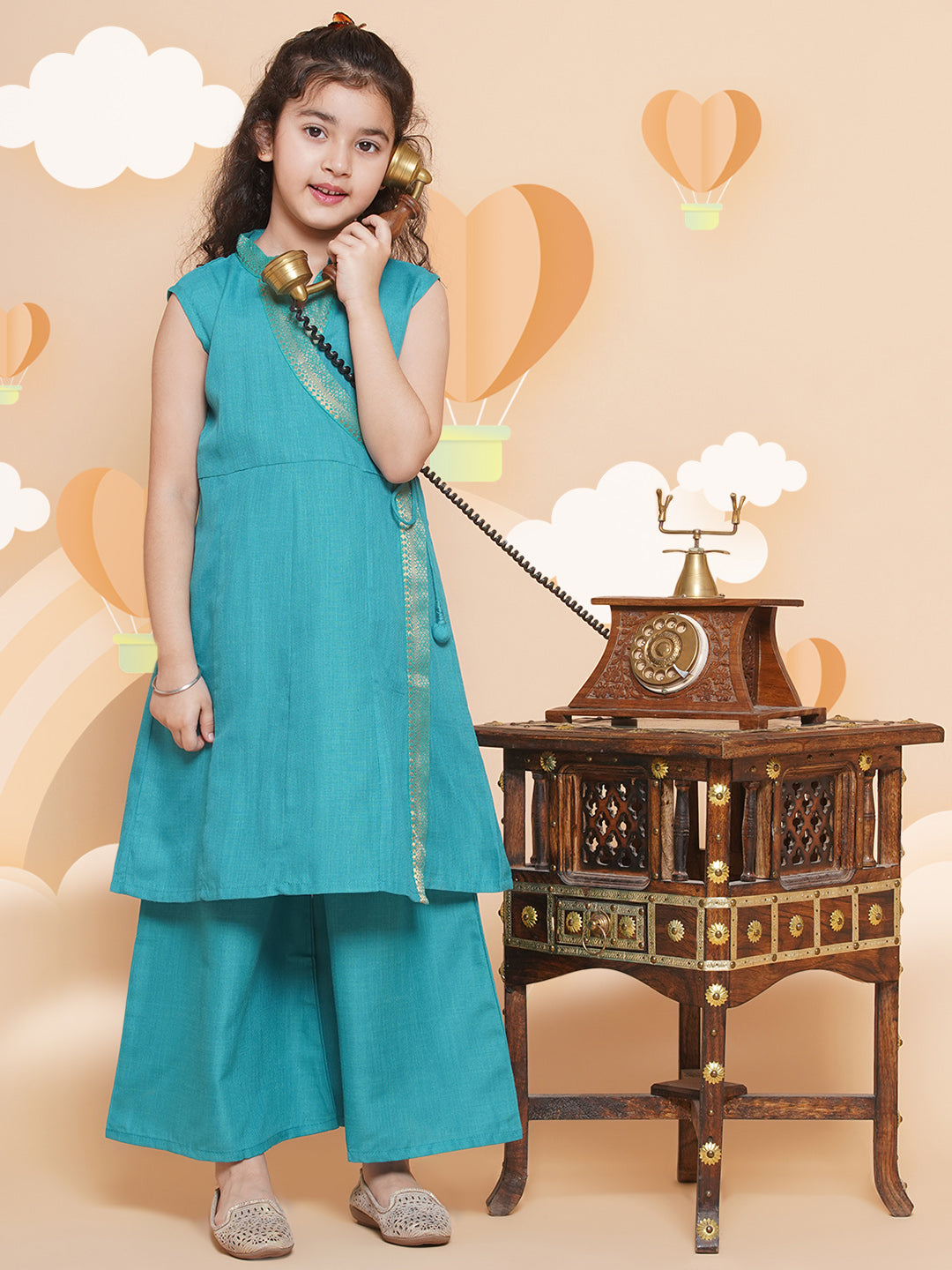 Girls Sea Green Angrakha Kurta With Palazzos for Kids - Bhama - Distacart