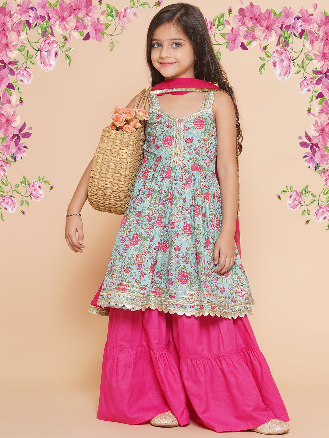 Girls Blue Floral Printed Cotton Kurta With Sharara with Dupatta for Kids - Bhama - Distacart