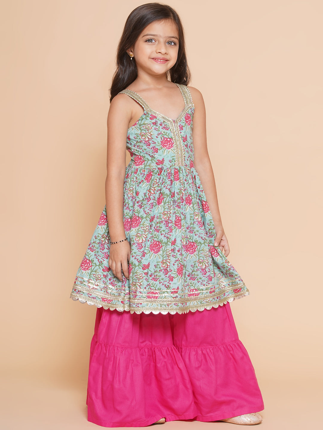 Girls Blue Floral Printed Cotton Kurta With Sharara with Dupatta for Kids - Bhama - Distacart