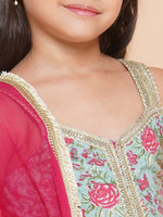 Thumbnail for Girls Blue Floral Printed Cotton Kurta With Sharara with Dupatta for Kids - Bhama - Distacart