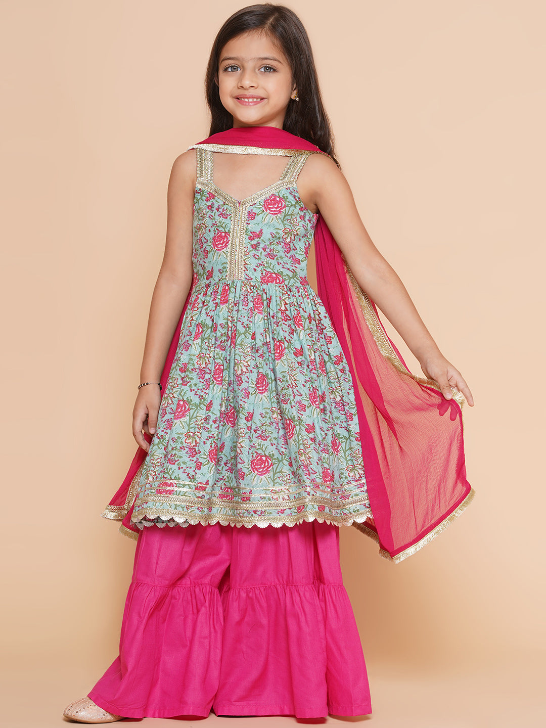 Girls Blue Floral Printed Cotton Kurta With Sharara with Dupatta for Kids - Bhama - Distacart