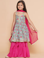 Thumbnail for Girls Blue Floral Printed Cotton Kurta With Sharara with Dupatta for Kids - Bhama - Distacart