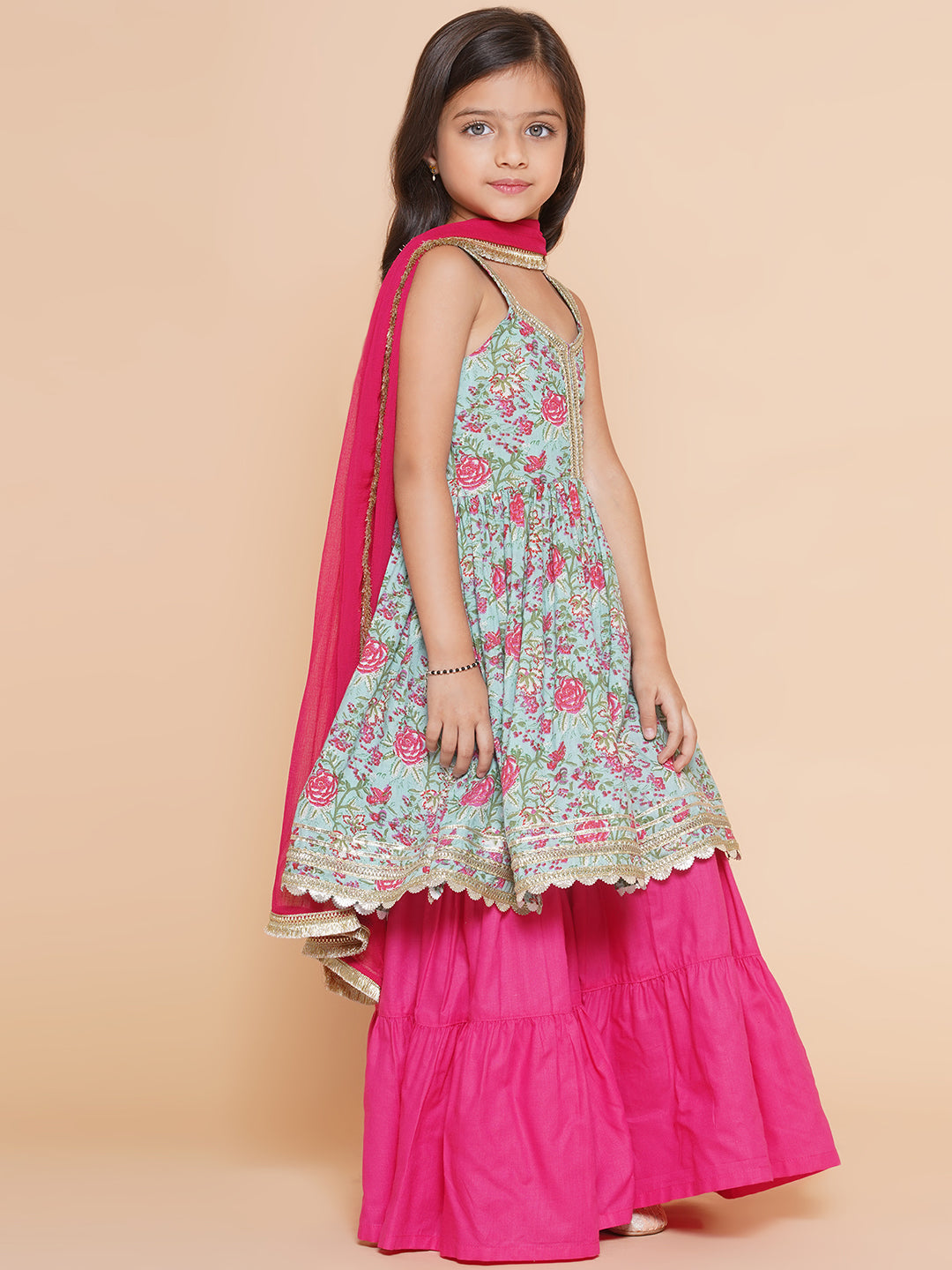 Girls Blue Floral Printed Cotton Kurta With Sharara with Dupatta for Kids - Bhama - Distacart