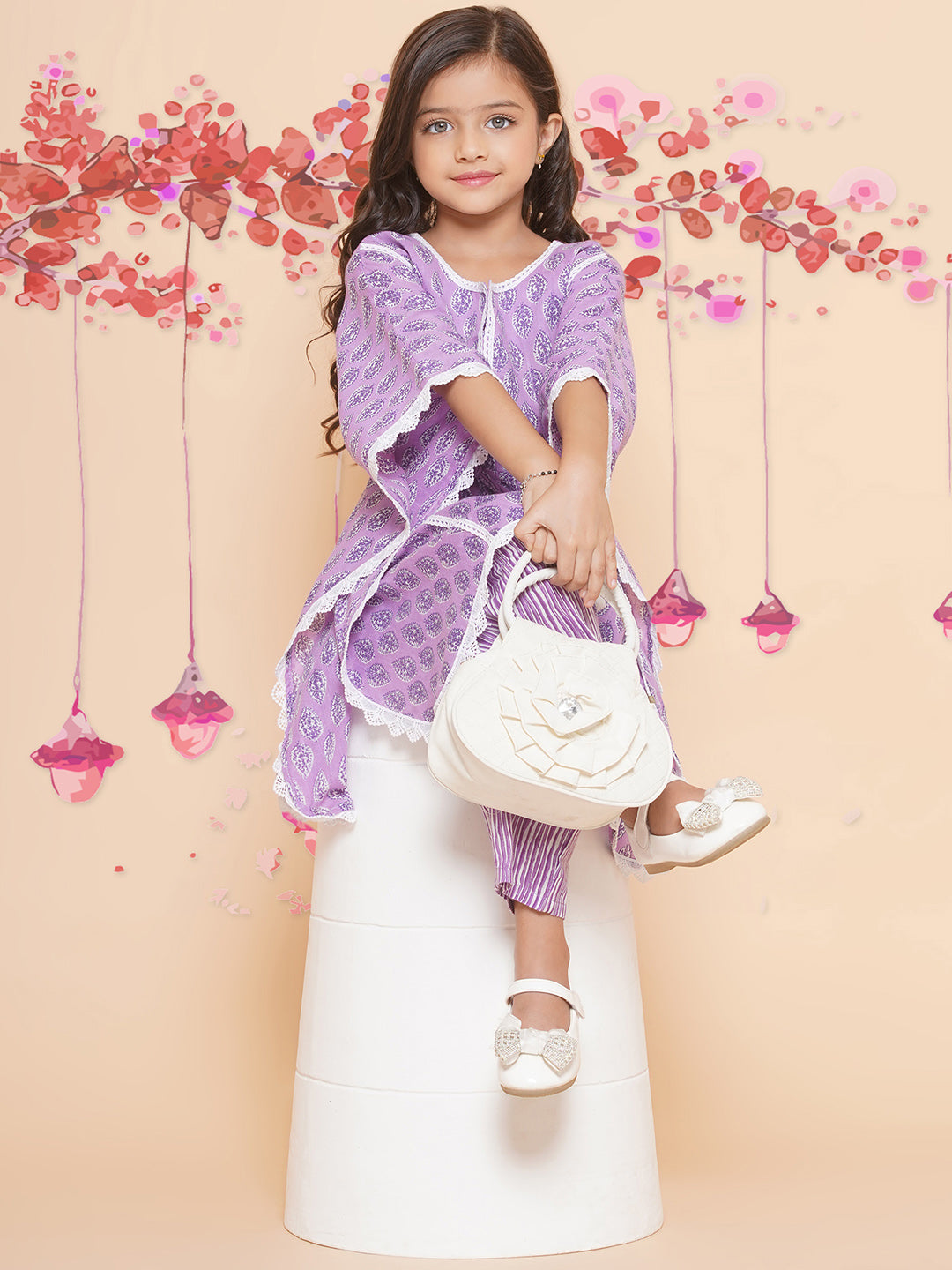 Girls Purple Printed V- Neck Kaftan Kurta with Palazzos for Kids - Bhama - Distacart