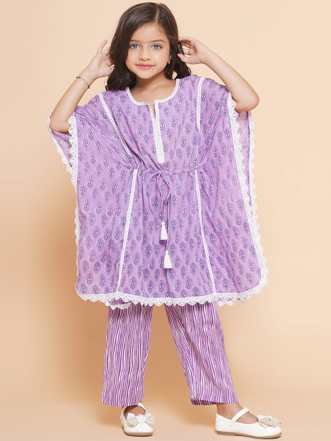 Girls Purple Printed V- Neck Kaftan Kurta with Palazzos for Kids - Bhama - Distacart
