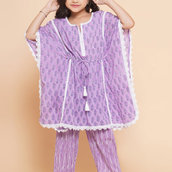 Girls Purple Printed V- Neck Kaftan Kurta with Palazzos for Kids - Bhama - Distacart