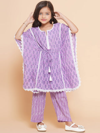 Girls Purple Printed V- Neck Kaftan Kurta with Palazzos for Kids - Bhama - Distacart