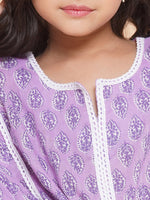 Thumbnail for Girls Purple Printed V- Neck Kaftan Kurta with Palazzos for Kids - Bhama - Distacart