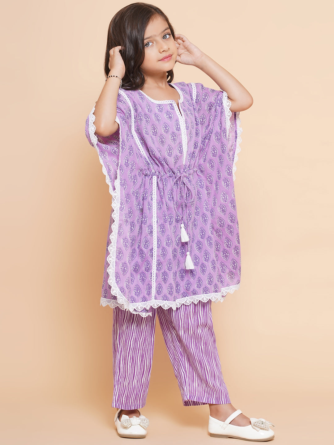 Girls Purple Printed V- Neck Kaftan Kurta with Palazzos for Kids - Bhama - Distacart