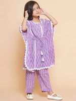 Thumbnail for Girls Purple Printed V- Neck Kaftan Kurta with Palazzos for Kids - Bhama - Distacart