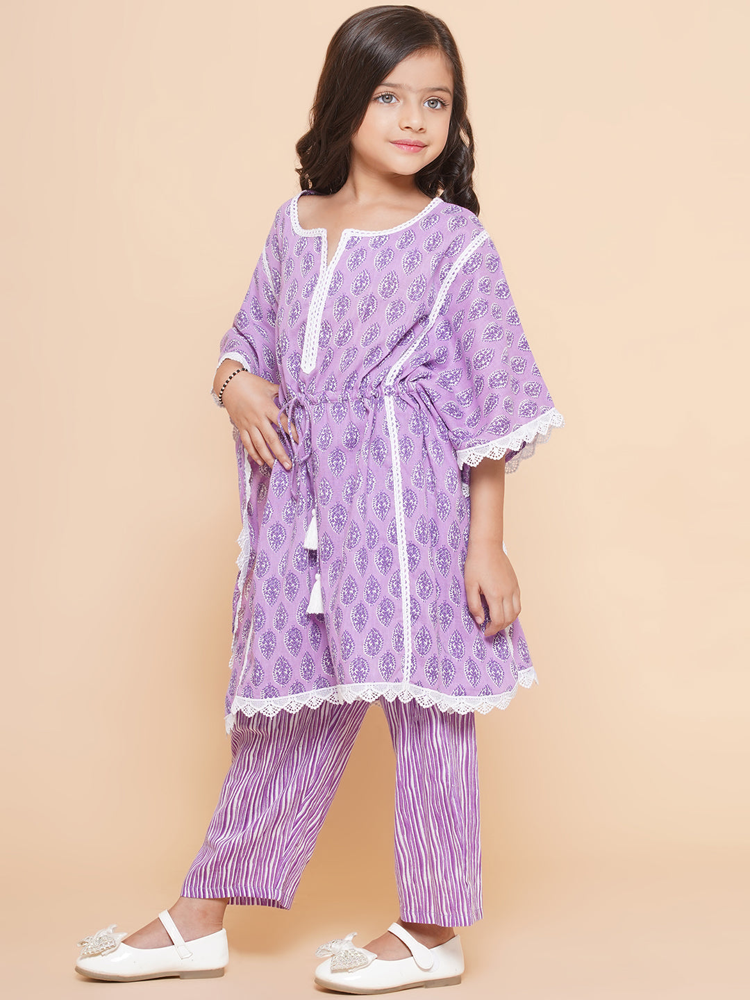 Girls Purple Printed V- Neck Kaftan Kurta with Palazzos for Kids - Bhama - Distacart