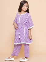 Thumbnail for Girls Purple Printed V- Neck Kaftan Kurta with Palazzos for Kids - Bhama - Distacart