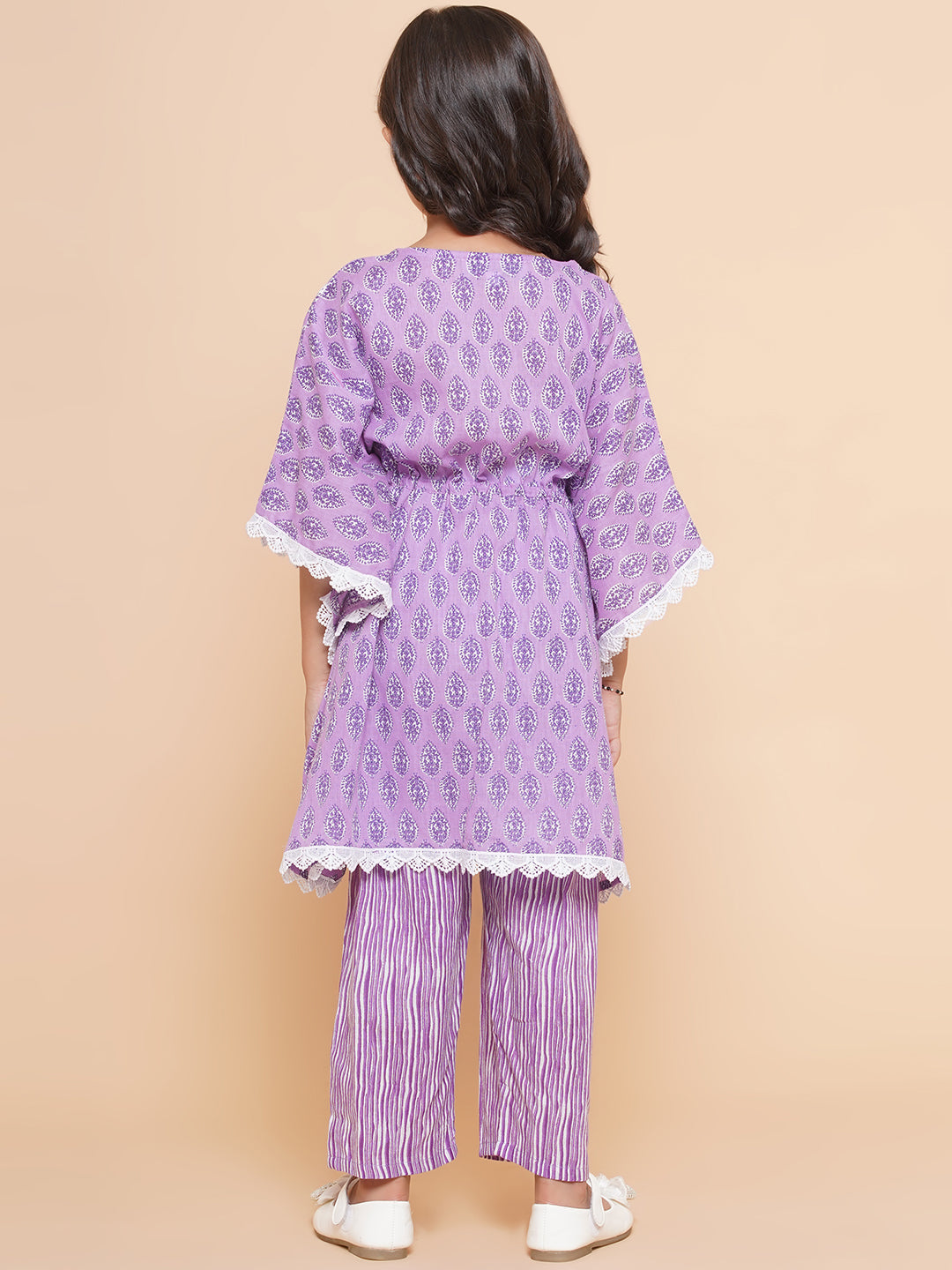 Girls Purple Printed V- Neck Kaftan Kurta with Palazzos for Kids - Bhama - Distacart
