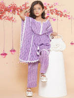 Thumbnail for Girls Purple Printed V- Neck Kaftan Kurta with Palazzos for Kids - Bhama - Distacart