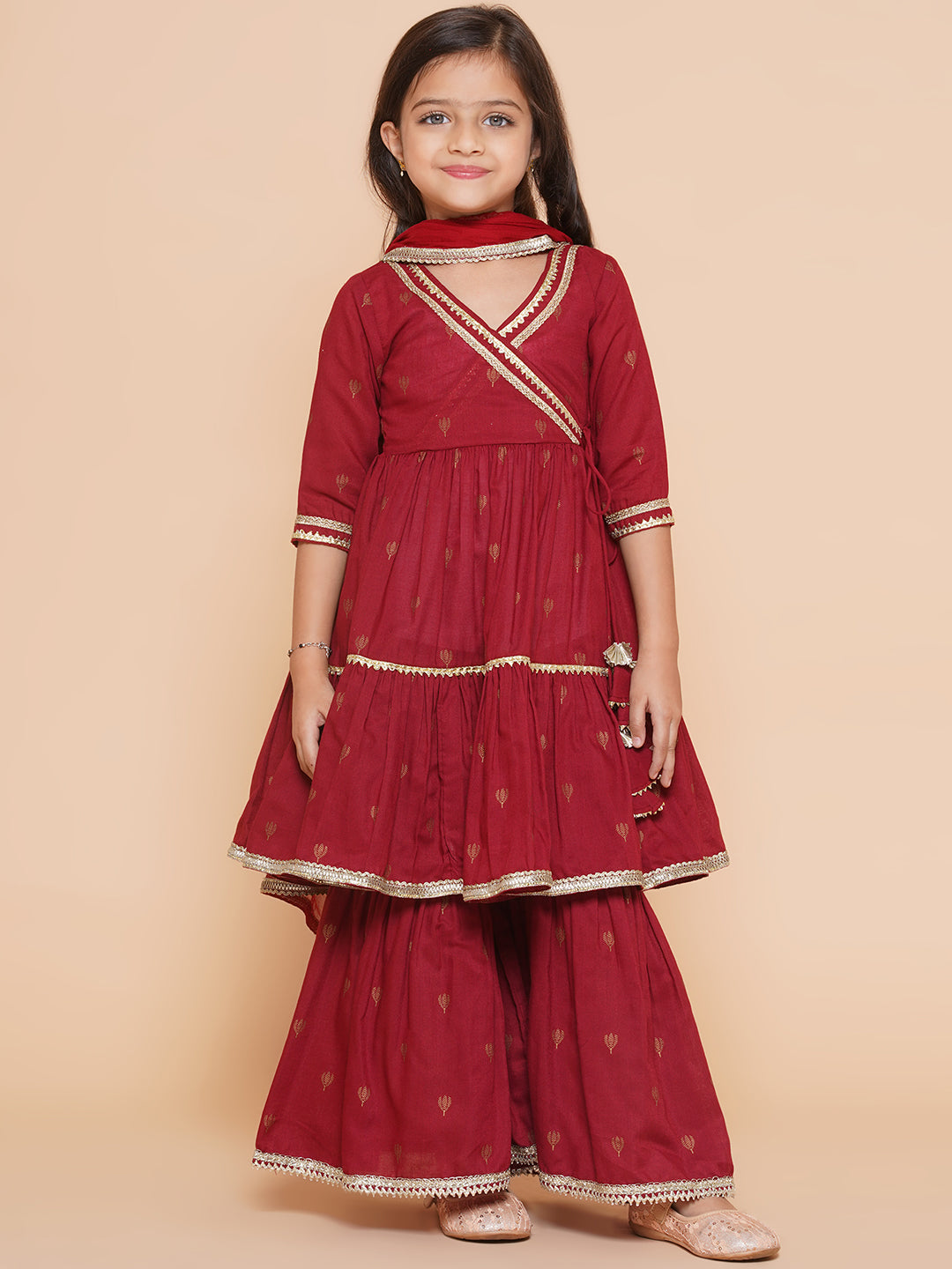 Girls Maroon Ethnic Motifs Printed Angrakha Gotta Patti Kurta Sharara & Dupatta for Kids - Bhama - Distacart