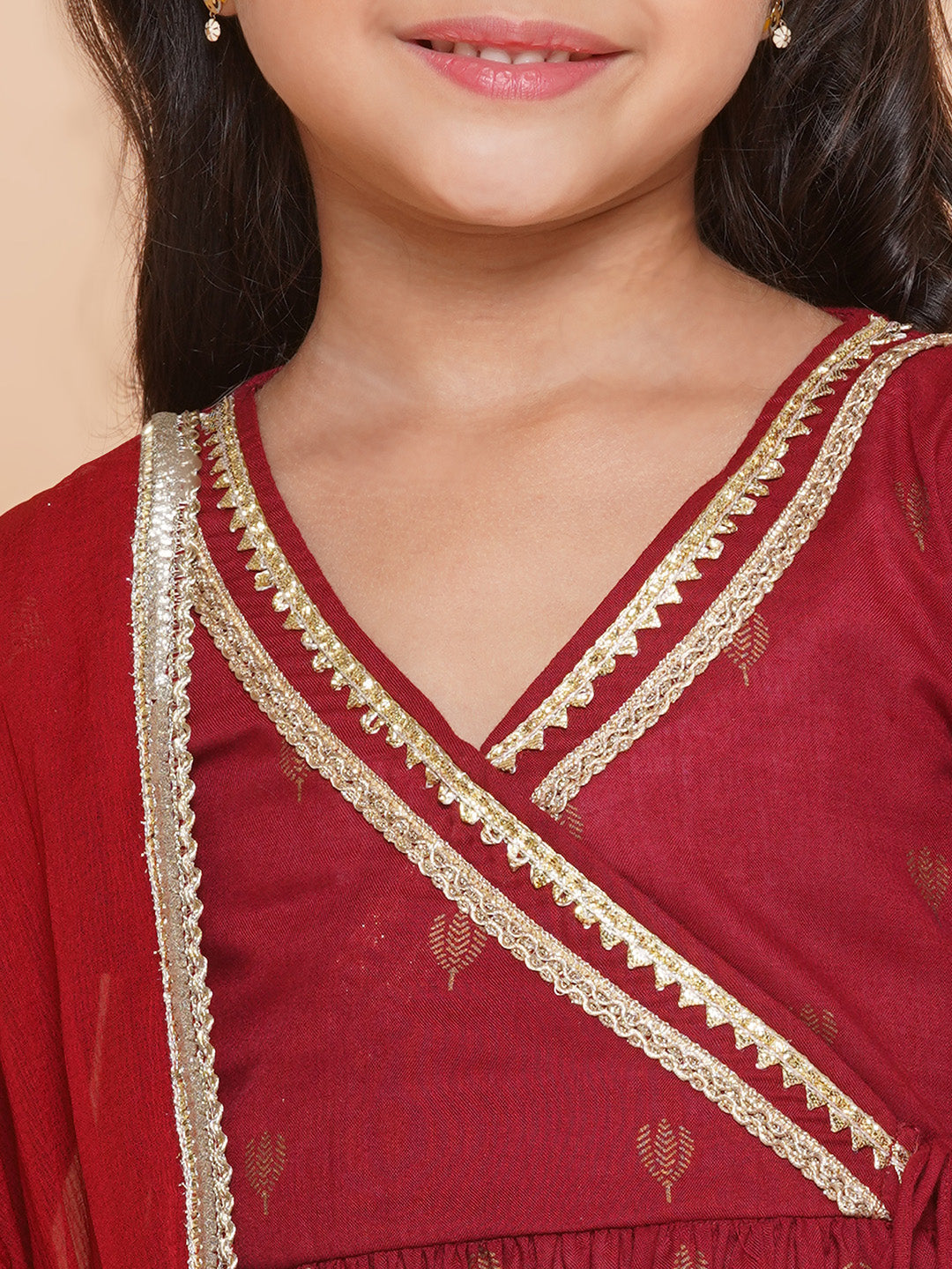 Girls Maroon Ethnic Motifs Printed Angrakha Gotta Patti Kurta Sharara & Dupatta for Kids - Bhama - Distacart