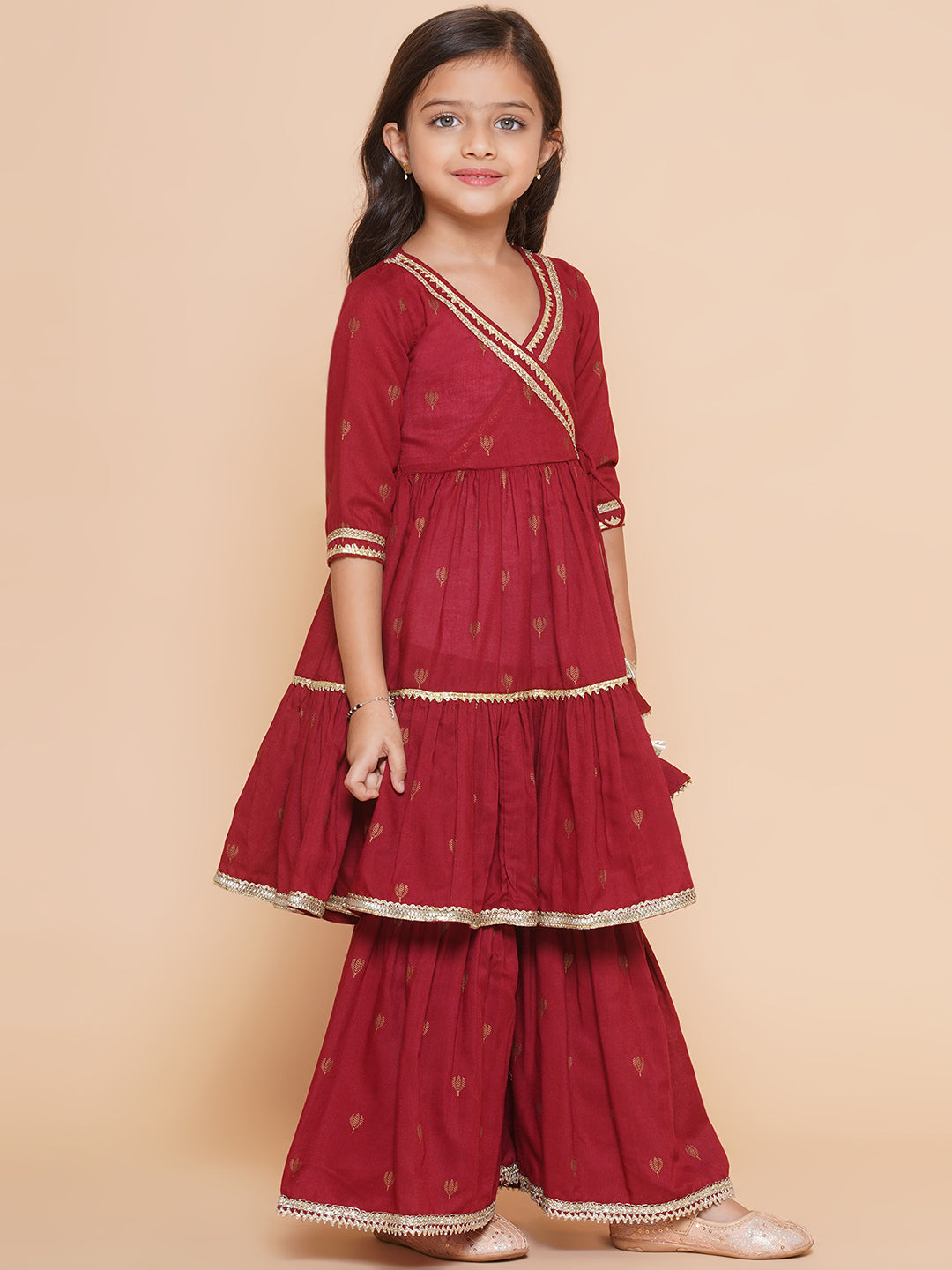 Girls Maroon Ethnic Motifs Printed Angrakha Gotta Patti Kurta Sharara & Dupatta for Kids - Bhama - Distacart