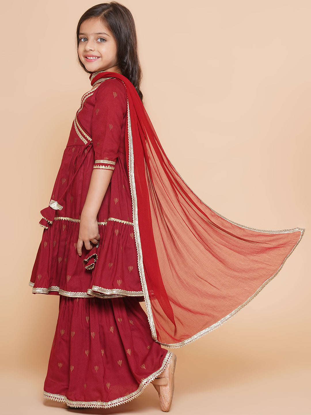 Girls Maroon Ethnic Motifs Printed Angrakha Gotta Patti Kurta Sharara & Dupatta for Kids - Bhama - Distacart
