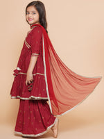 Thumbnail for Girls Maroon Ethnic Motifs Printed Angrakha Gotta Patti Kurta Sharara & Dupatta for Kids - Bhama - Distacart